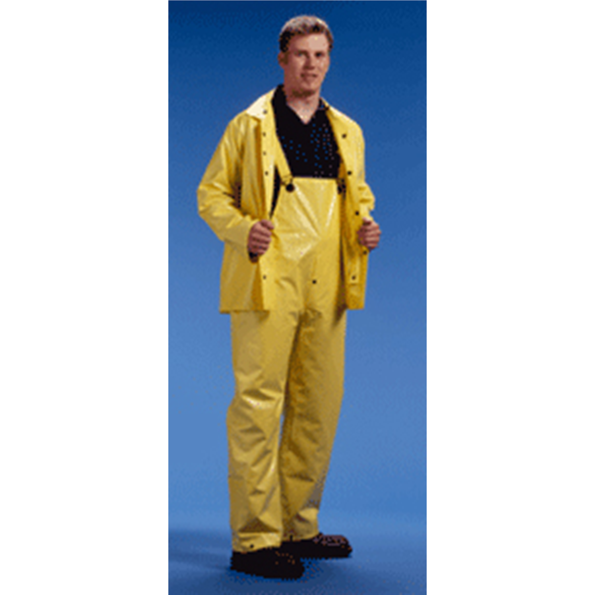 Person wearing a yellow raincoat and pants on a blue background
