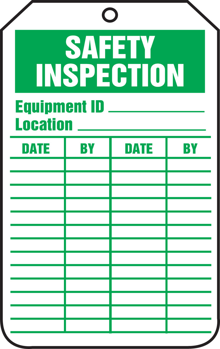Safety inspection tag with fields for equipment ID, location, date, and signature