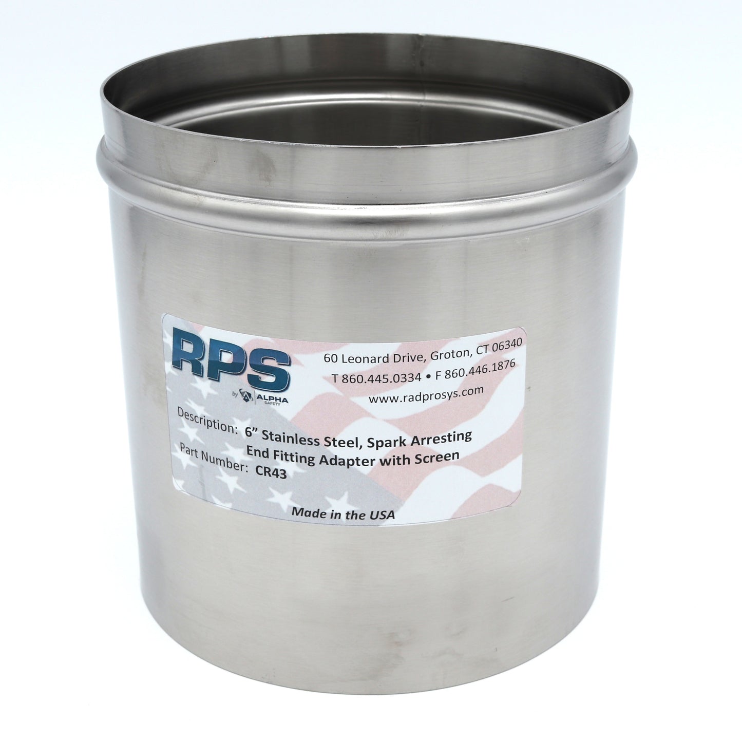 Stainless steel spark arresting end fitting adapter with RPS label on a white background