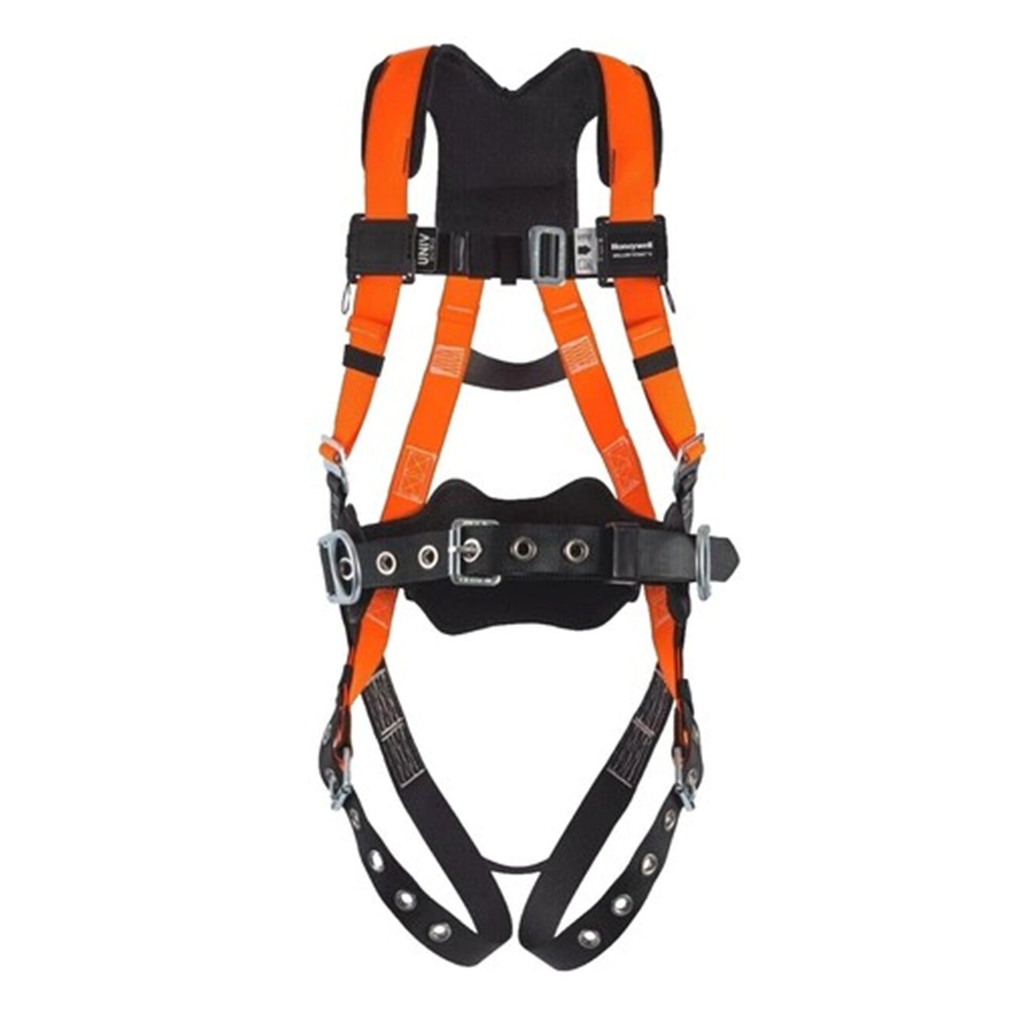Orange and black safety harness on a white background