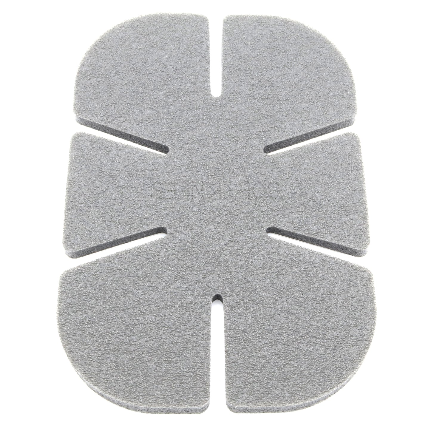 Gray leaf-shaped mat with "Softknees" branding on a white background