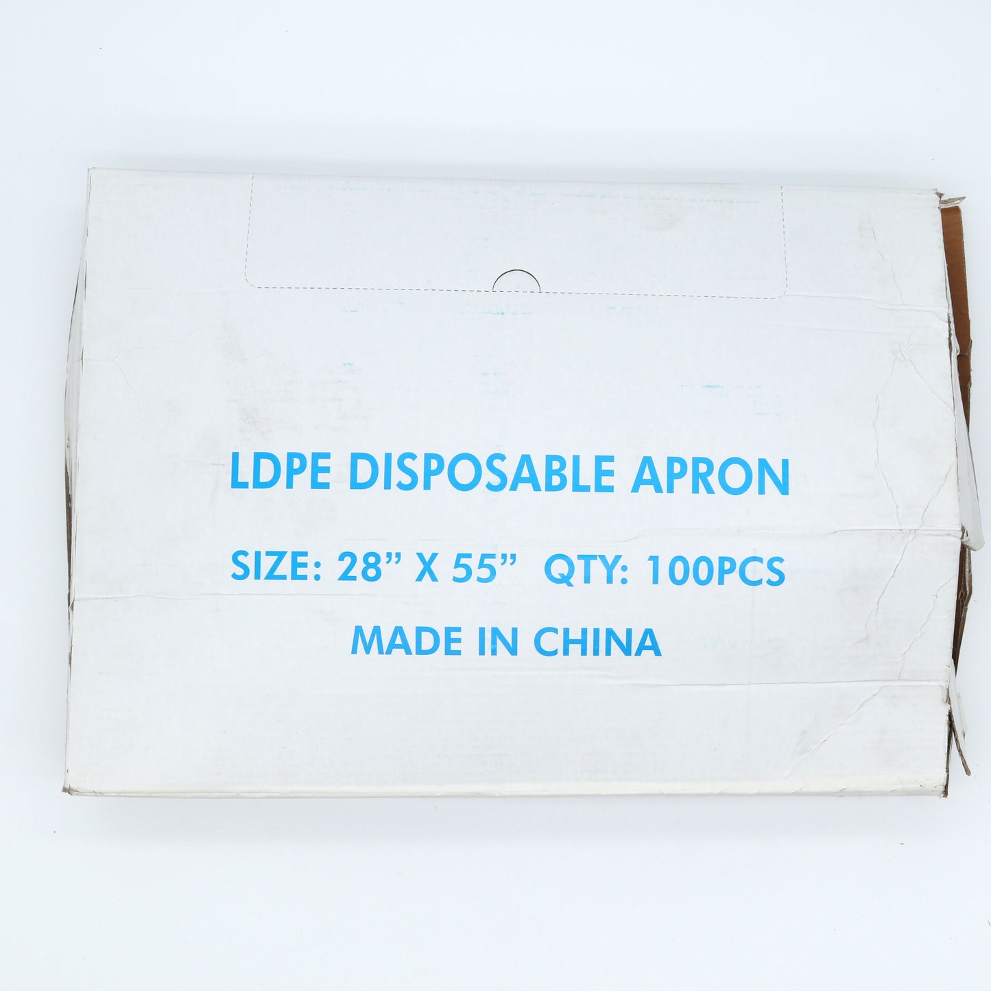 Box of LDPE disposable aprons with text on a white background