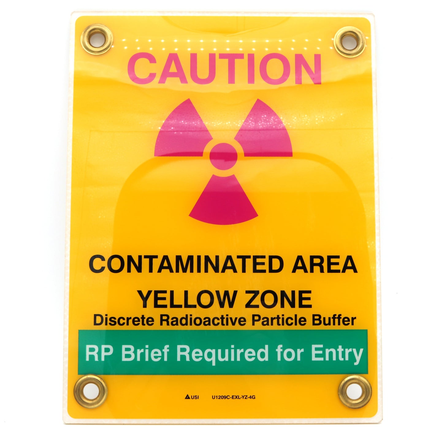 Warning sign indicating a contaminated area with radioactive symbol on a yellow background