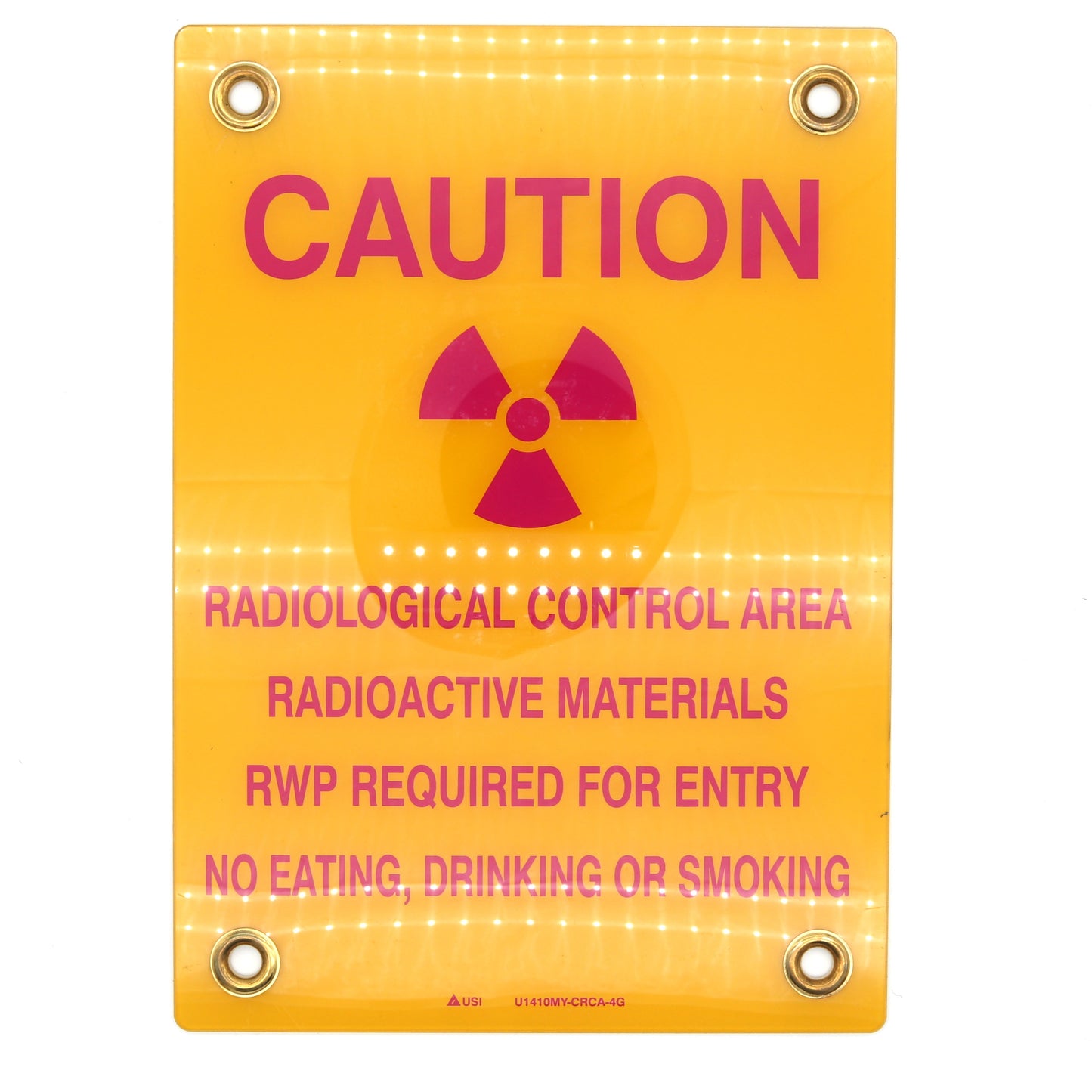Warning sign with radiation symbol and text on a yellow background
