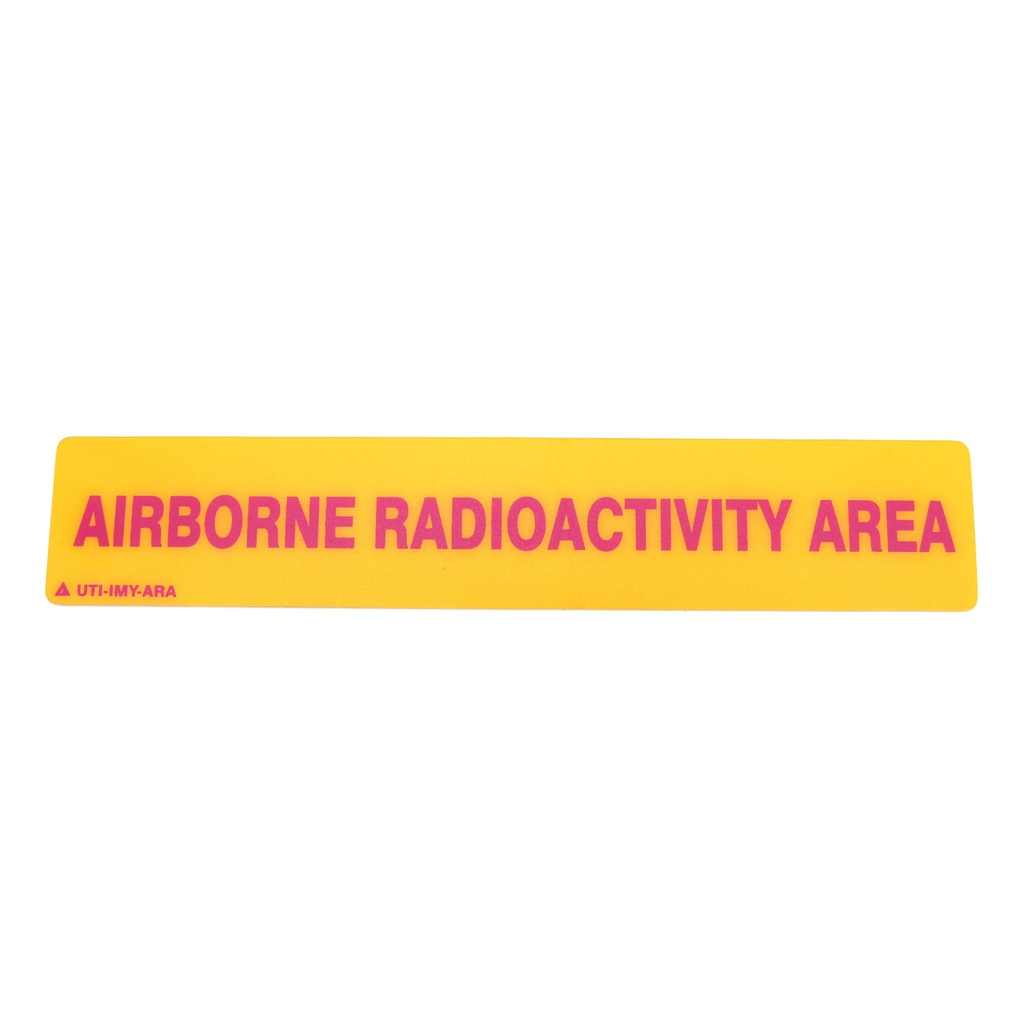 Yellow and pink 'Airborne Radioactivity Area' sign on a white background