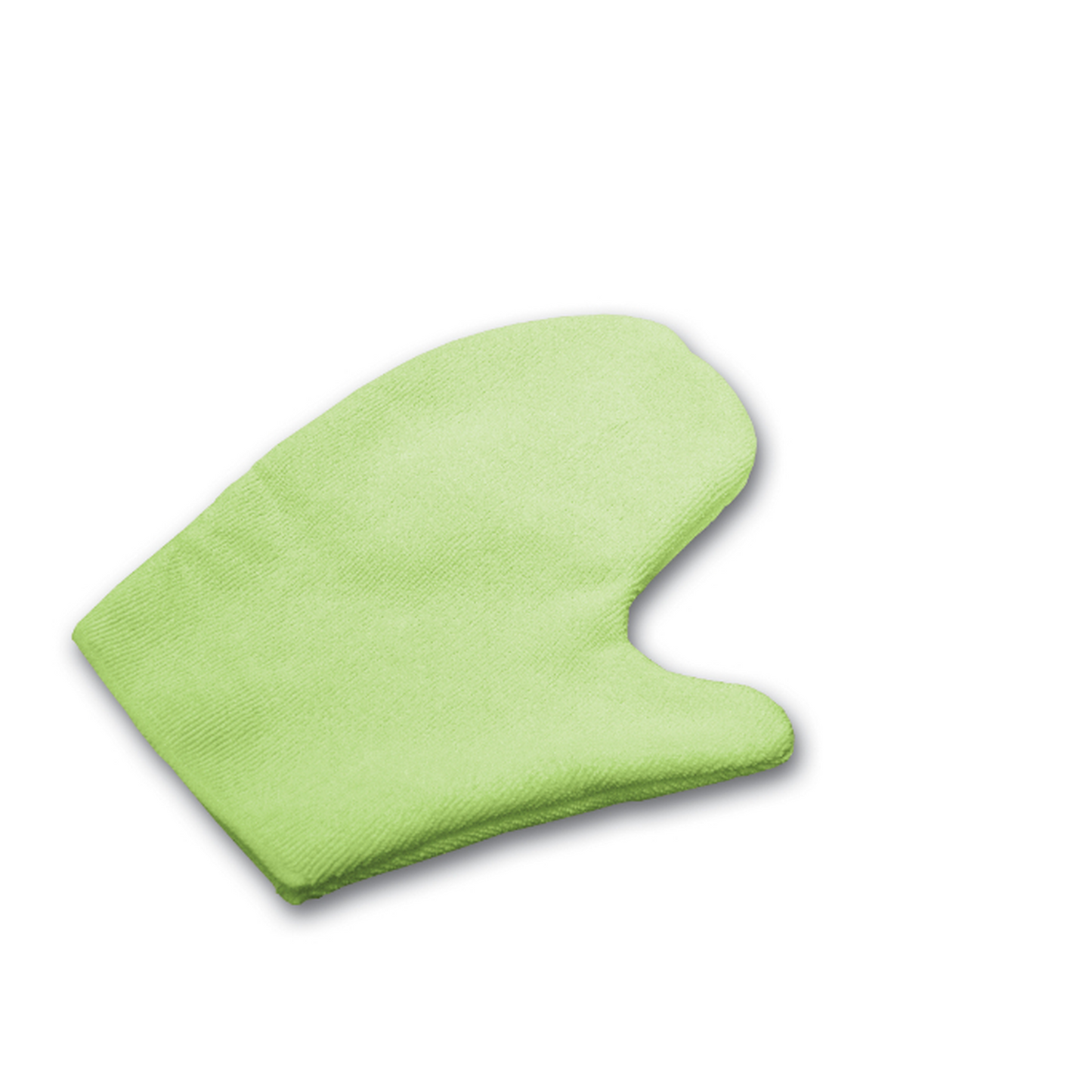 Green microfiber cleaning mitt on a white background