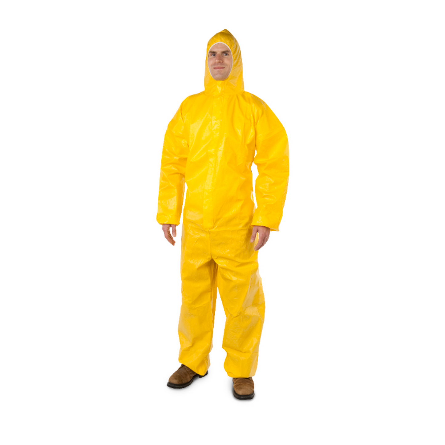 Person wearing a yellow protective suit on a white background