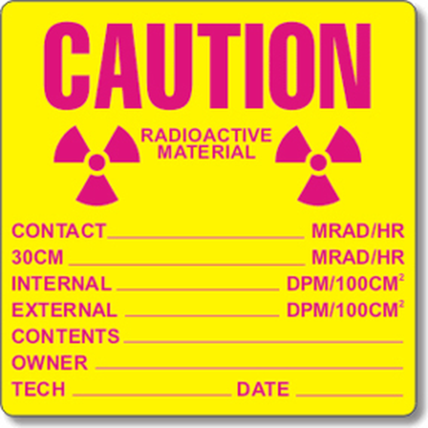 Caution radioactive material label with radiation symbol on a yellow background