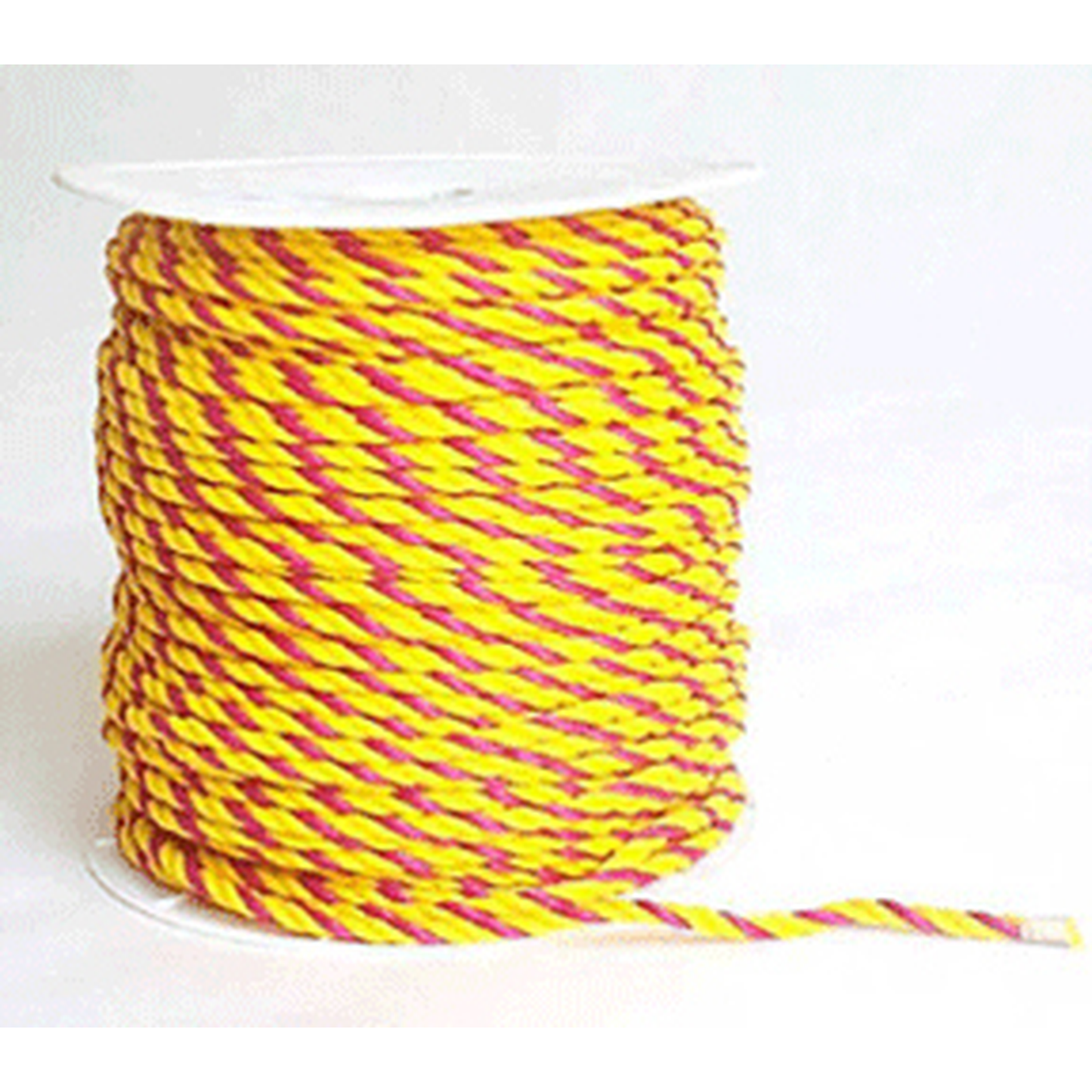 Spool of yellow and pink striped cord on a white background