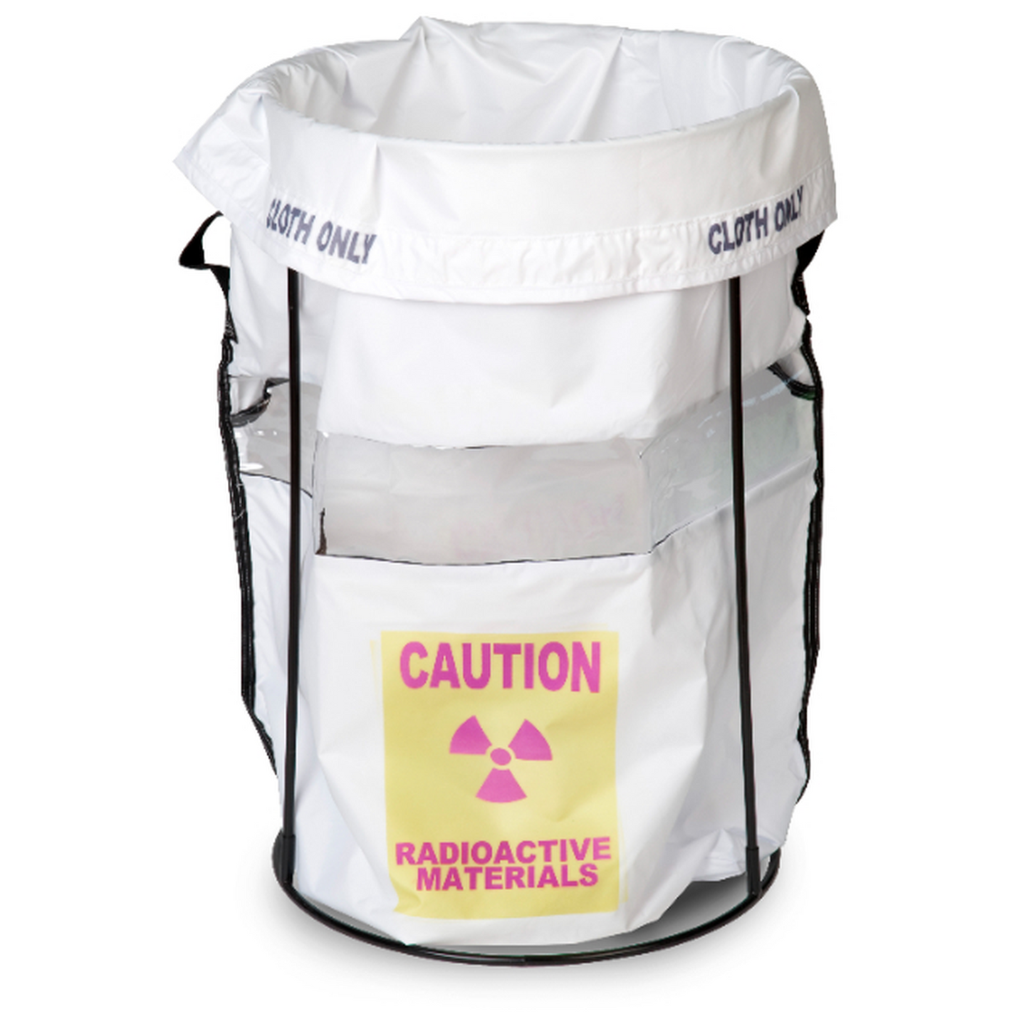White bag with radioactive materials warning label on a white background