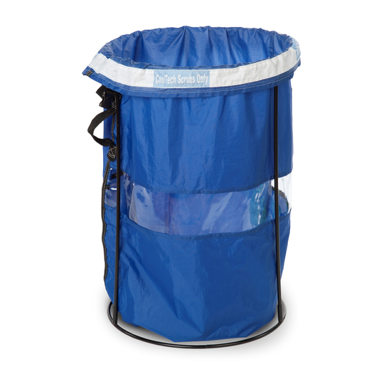 Blue pop-up laundry bag with a clear window on a white background