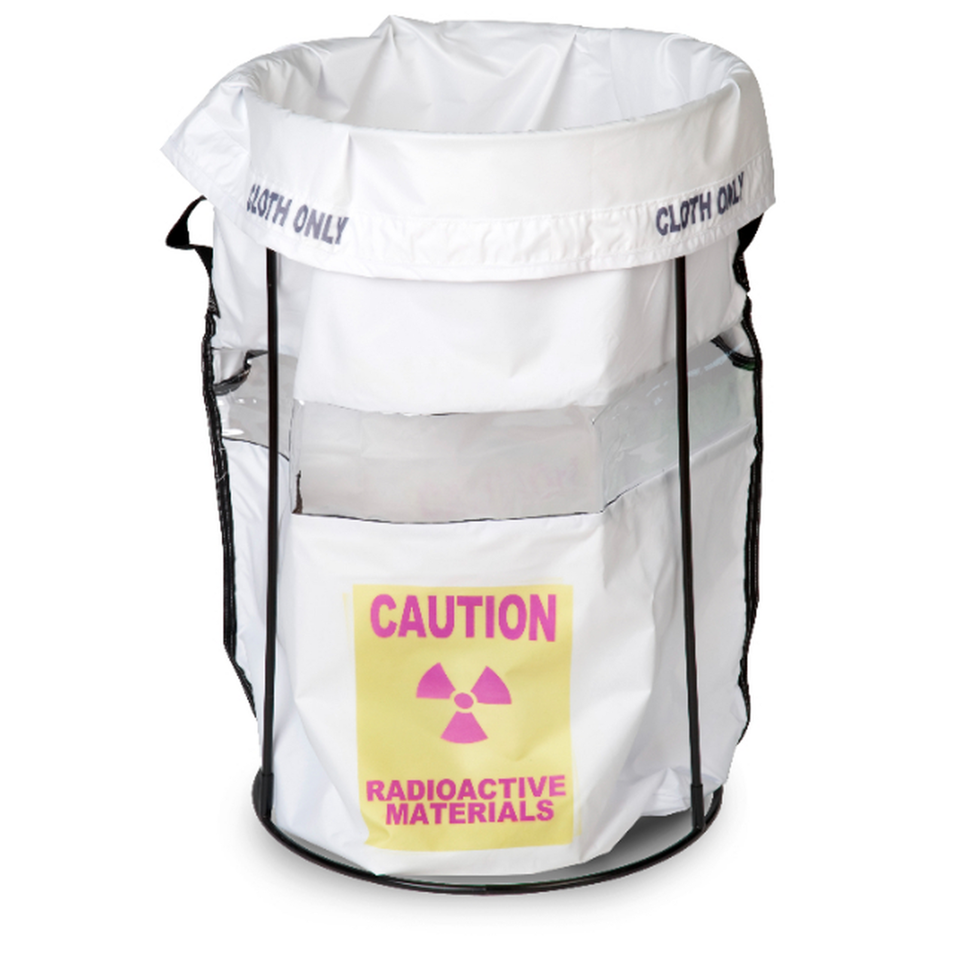 White bag with radioactive materials warning label on a white background