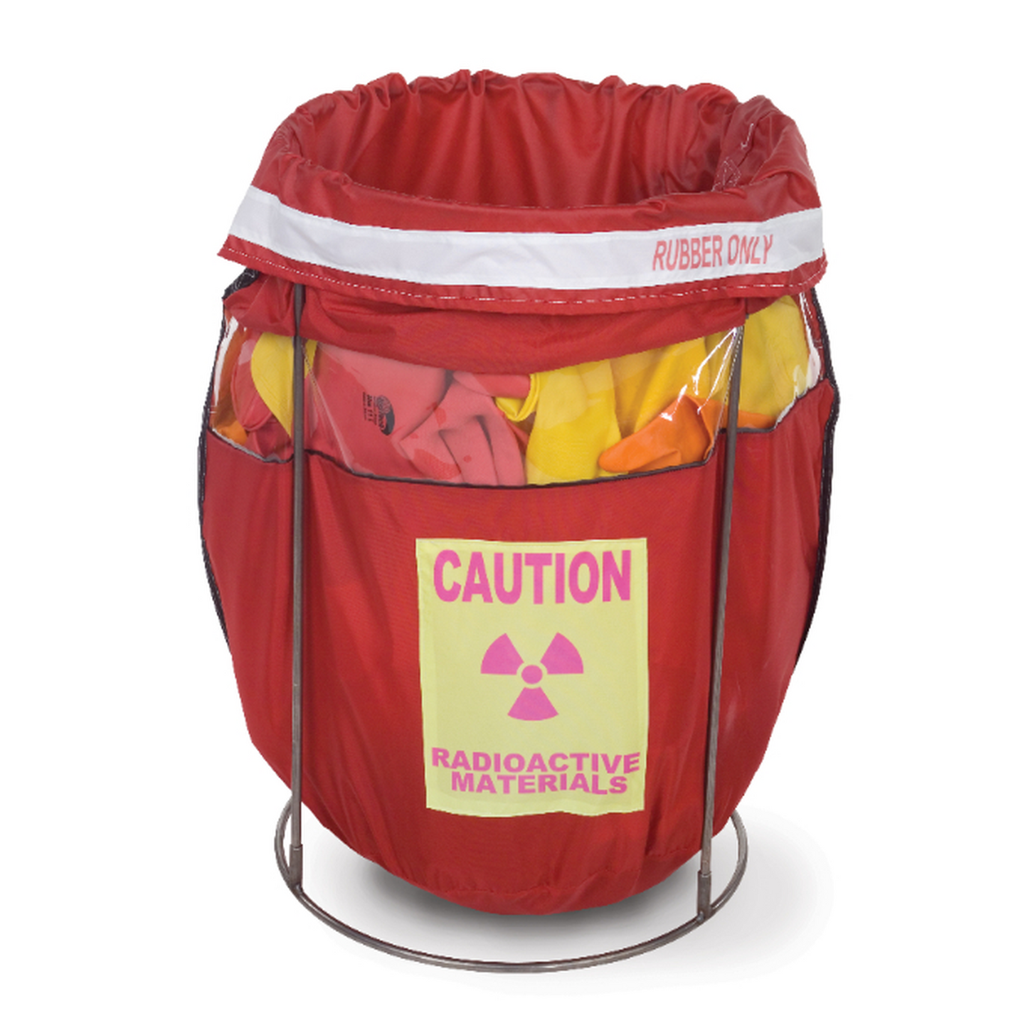 Red bag labeled 'Rubber Only' with 'Caution Radioactive Materials' on a white background
