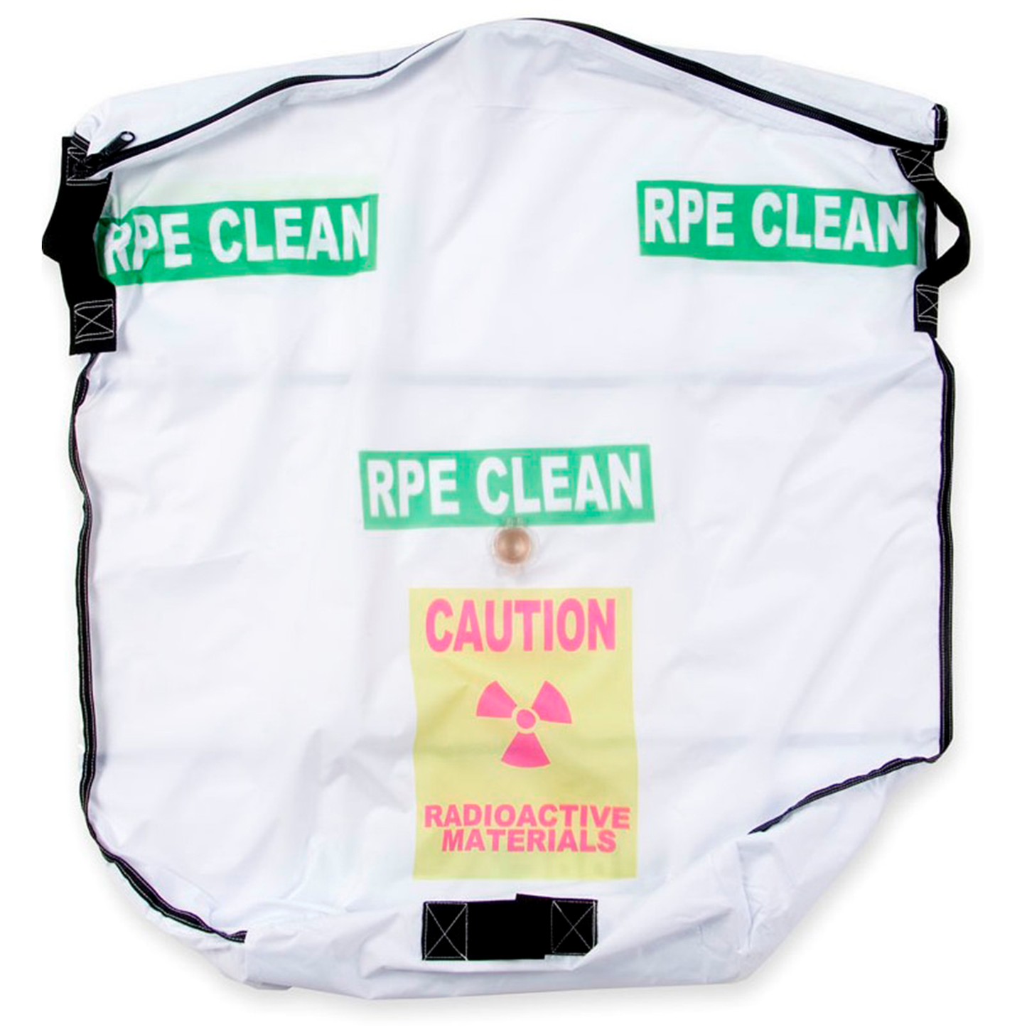White bag with 'RPE CLEAN' and 'CAUTION RADIOACTIVE MATERIALS' labels on a white background