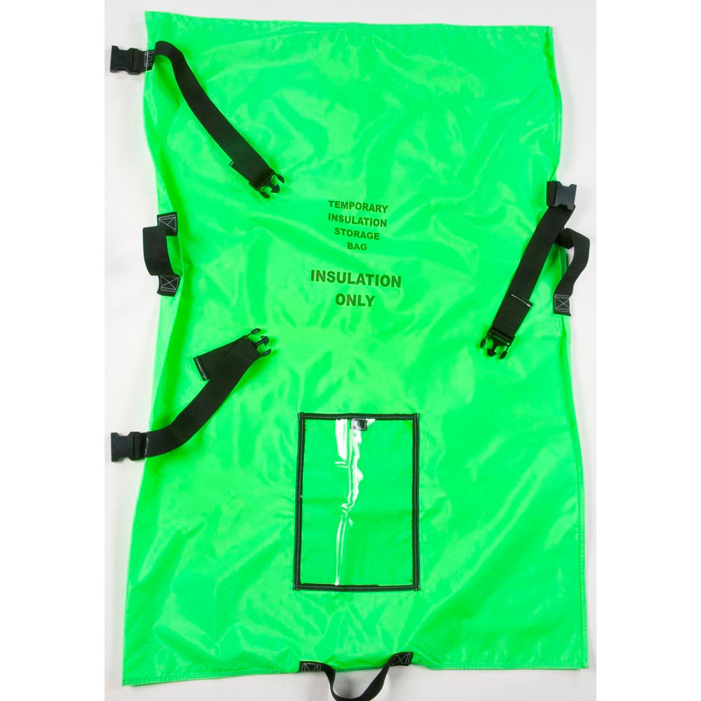 Green insulation storage bag with black straps on a white background