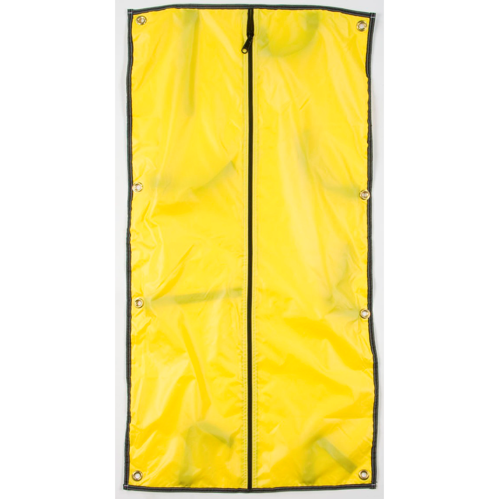 Yellow garment bag with black trim on a white background