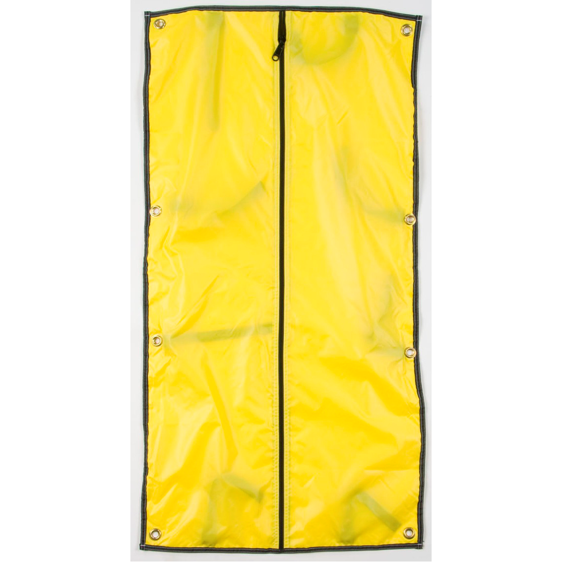 Yellow garment bag with black trim on a white background