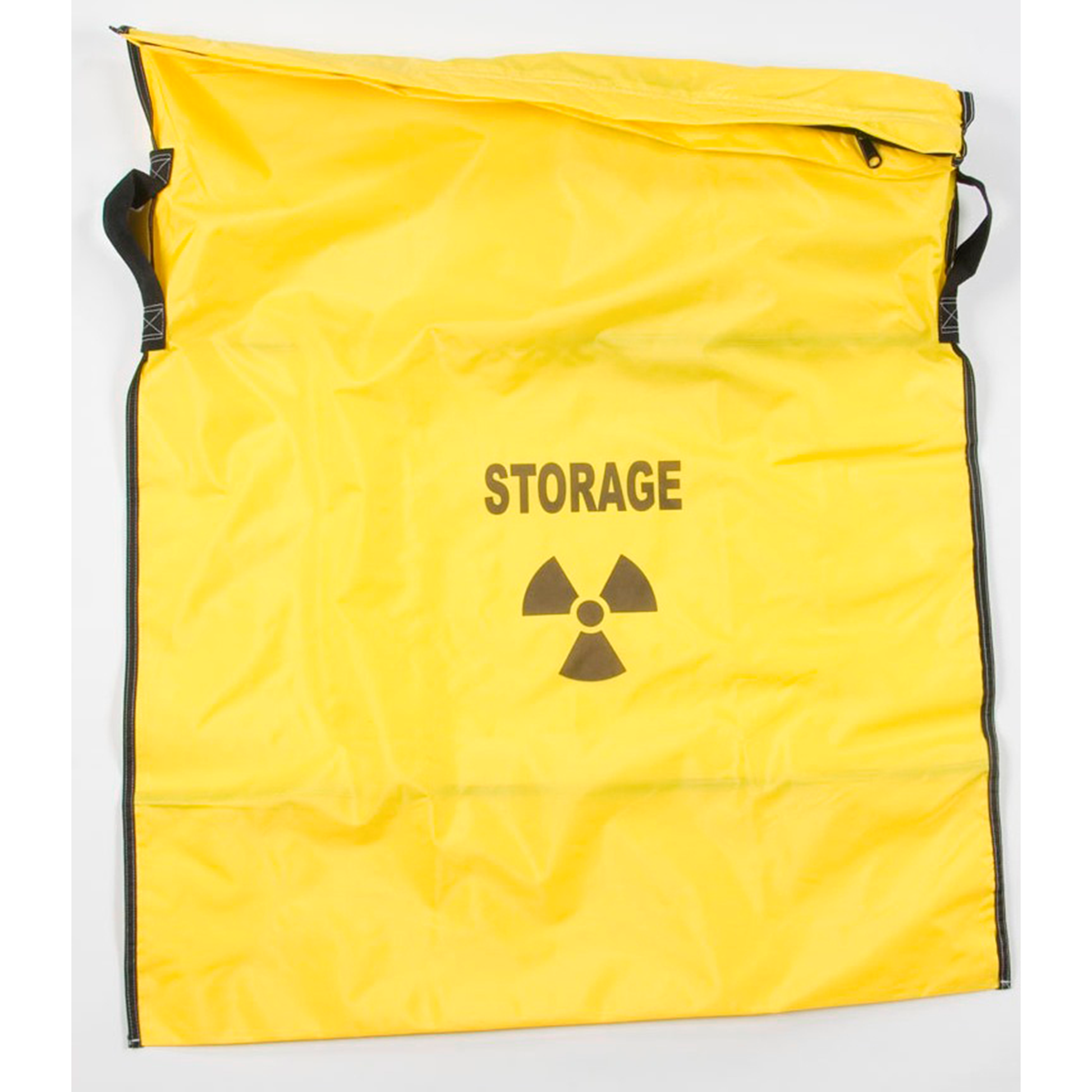 Yellow drawstring bag with 'STORAGE' and radiation symbol on a white background