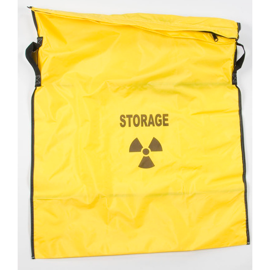 Yellow drawstring bag with 'STORAGE' and radiation symbol on a white background