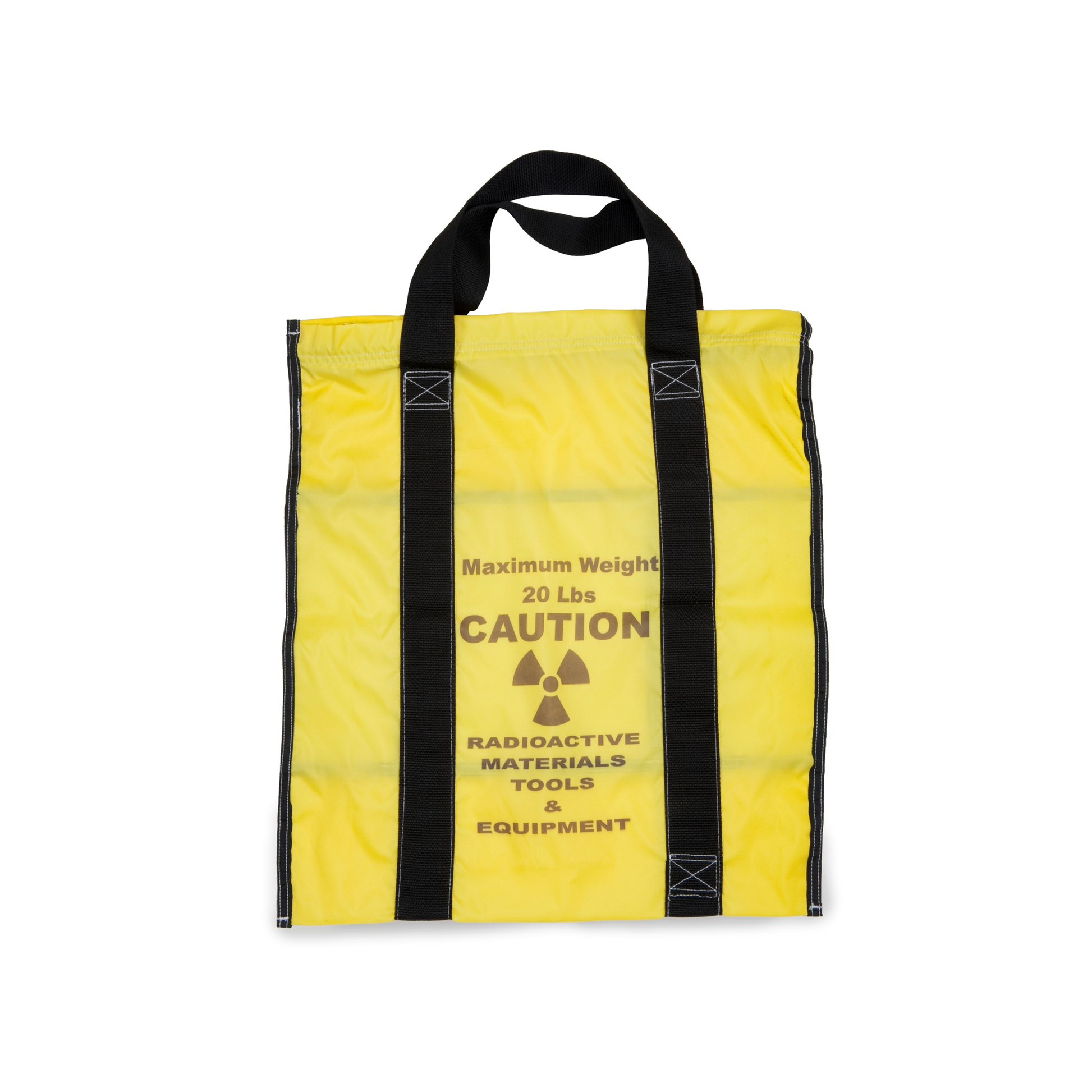 Yellow bag with black text and radiation warning symbol on a white background