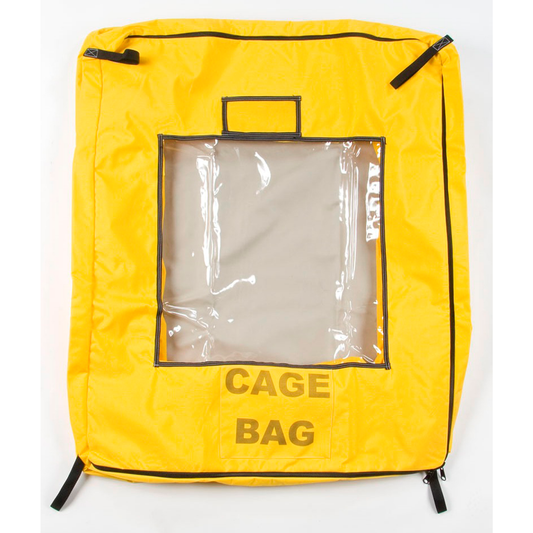 Yellow cage bag with a clear window on a white background