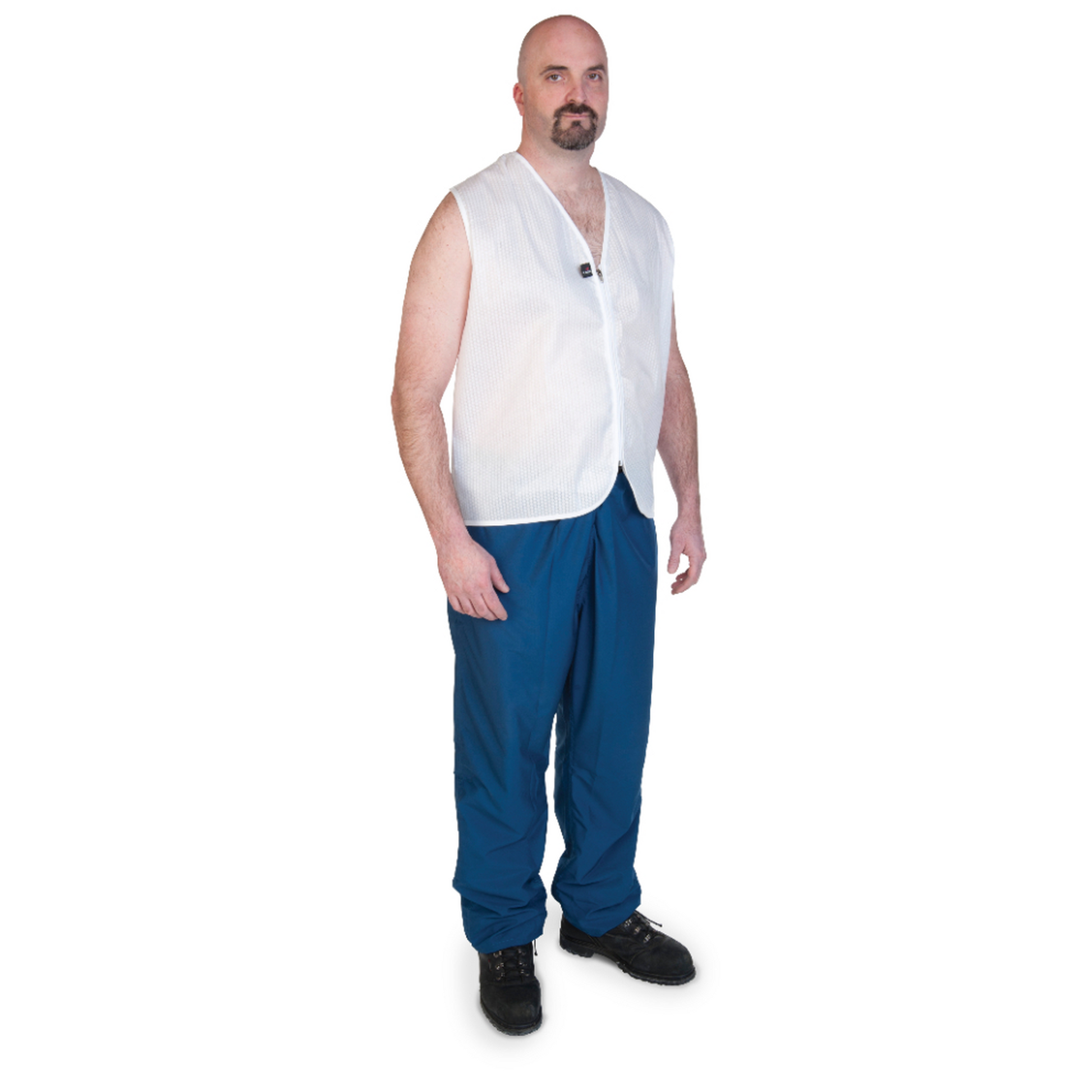 Man wearing a white sleeveless shirt and blue pants on a white background