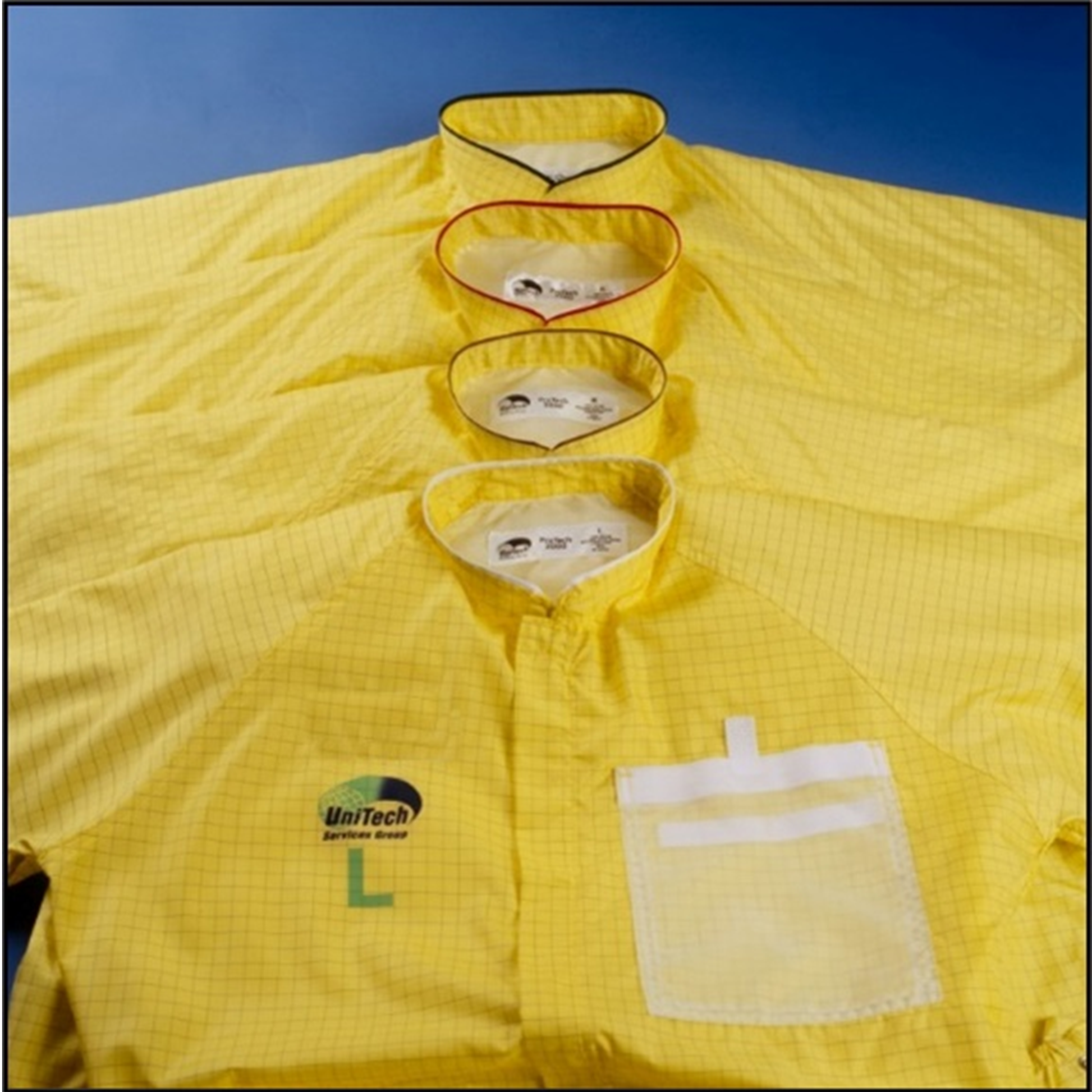 Yellow coveralls with a logo on a blue background