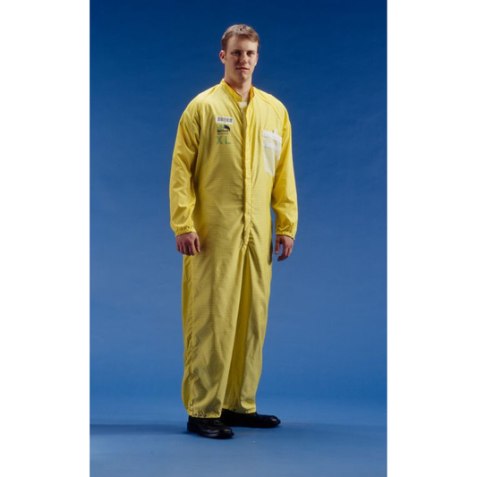 Person wearing a yellow coverall against a blue background