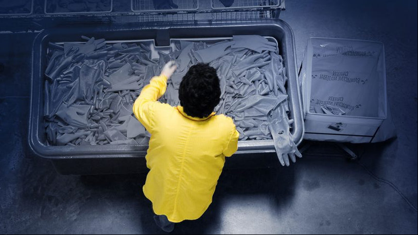 Person in a yellow jacket standing next to a large tub with gloves inside, on a dark background.