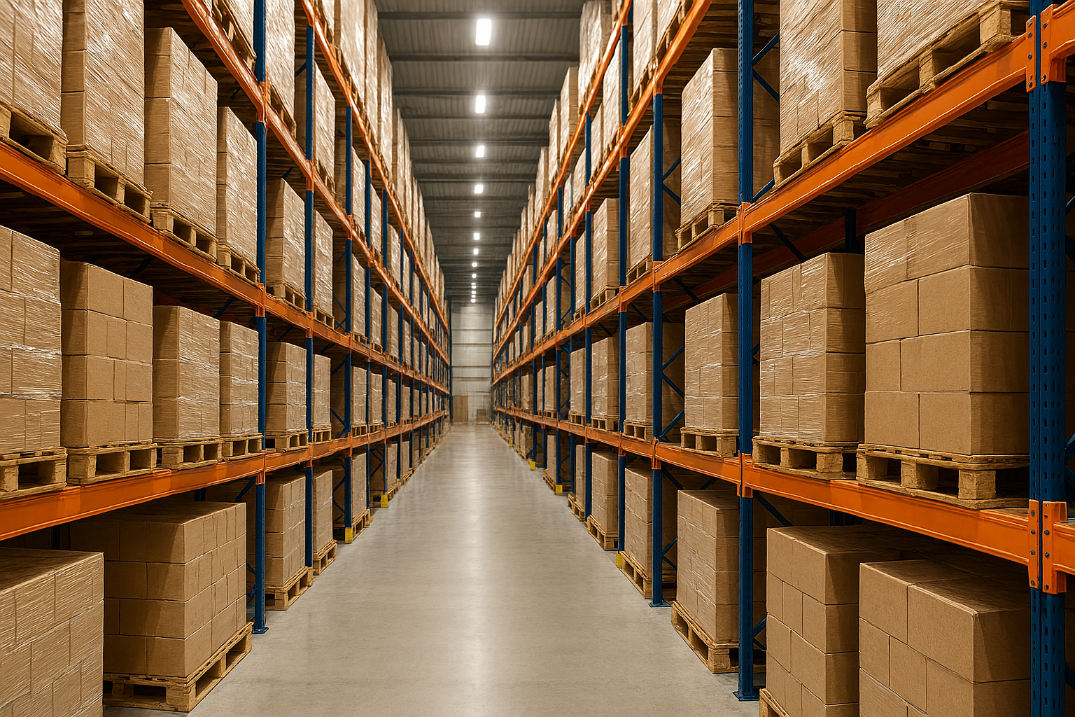 Warehouse with rows of stacked cardboard boxes on pallets