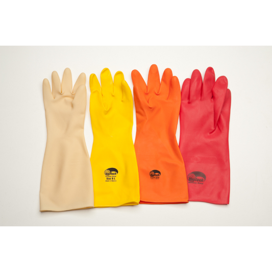 Four pairs of gloves in beige, yellow, orange, and red on a light gray background.