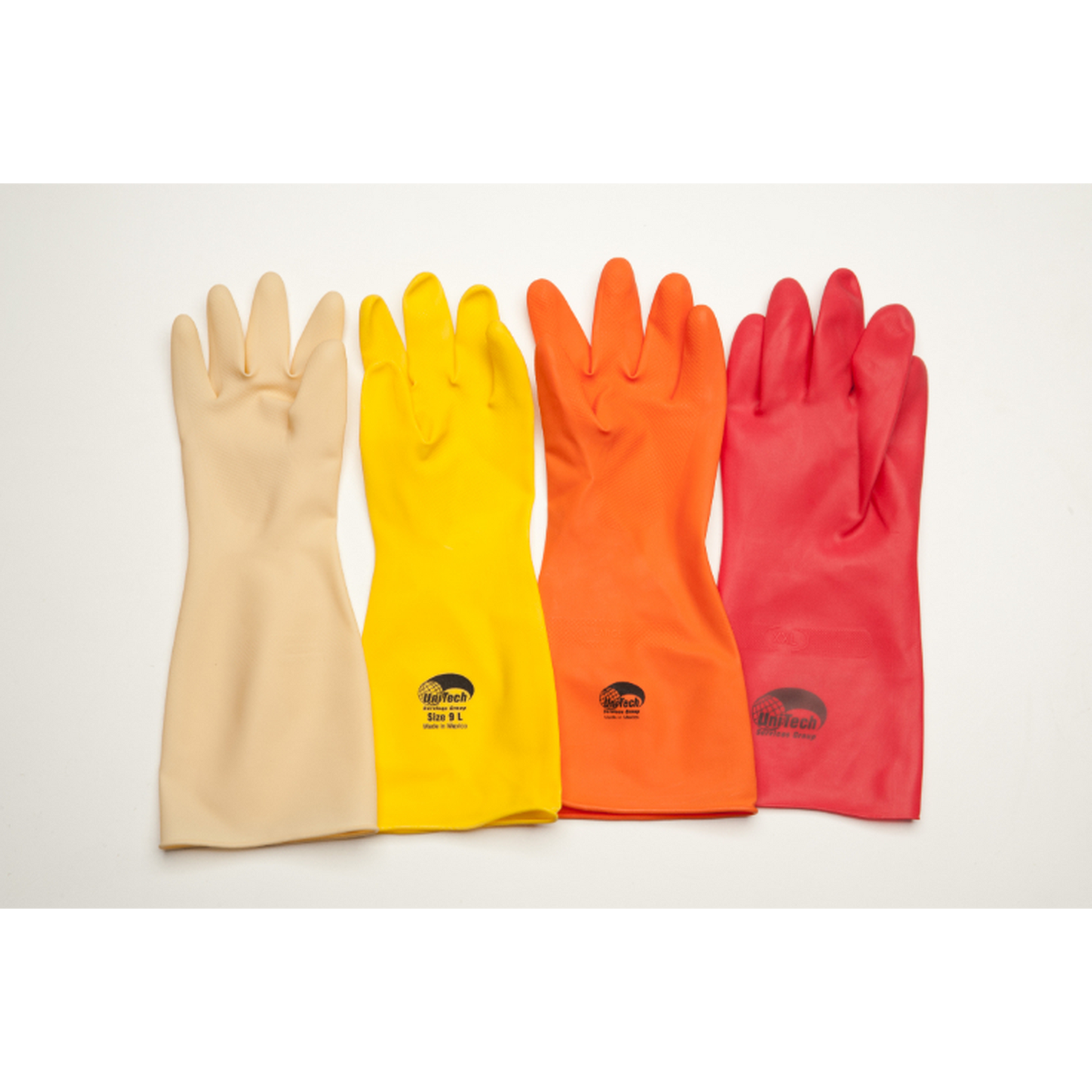 Four pairs of gloves in beige, yellow, orange, and red on a light gray background.