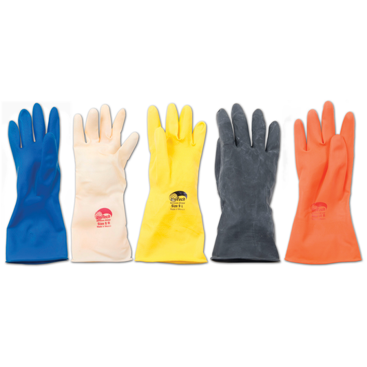 Five pairs of gloves in blue, beige, yellow, gray, and orange on a white background.