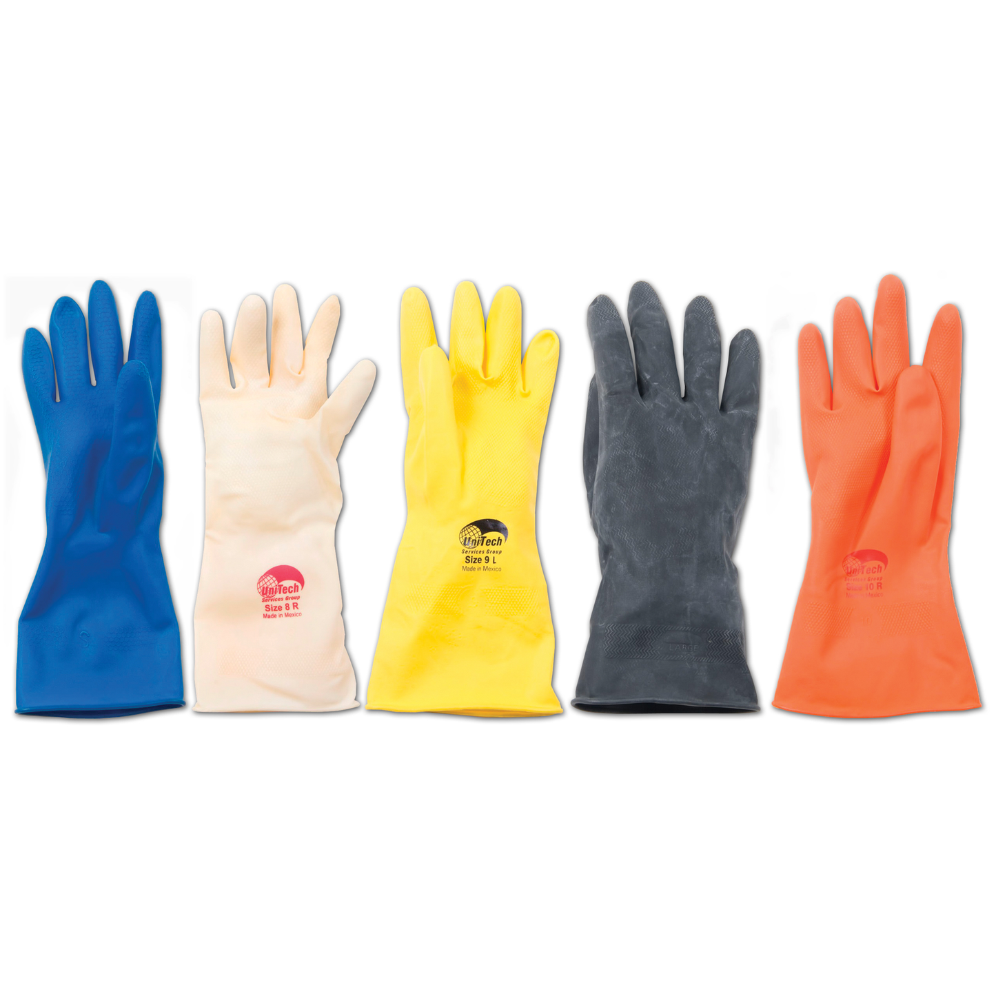 Five pairs of gloves in blue, beige, yellow, gray, and orange on a white background.