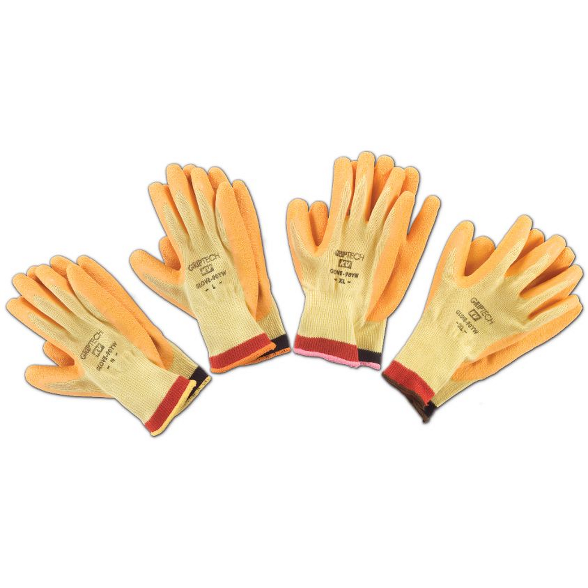Four pairs of gloves with a white background