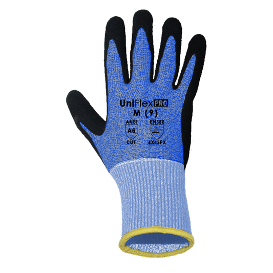 Blue work glove with black fingertips on a white background