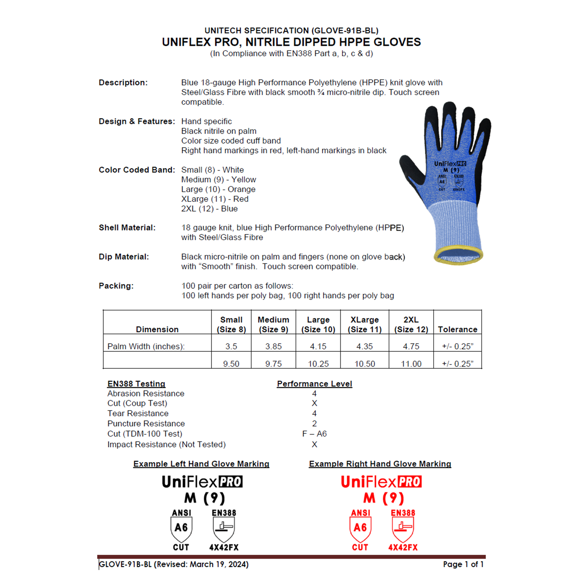 Technical specification sheet for Uniflex Pro gloves with glove illustration and text details.