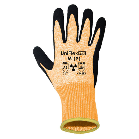 A single UniFlex PRO M (9) work glove with a textured orange-yellow knit body and black coated fingertips and palm, shown against a plain white background.

GLOVE-91B-OR