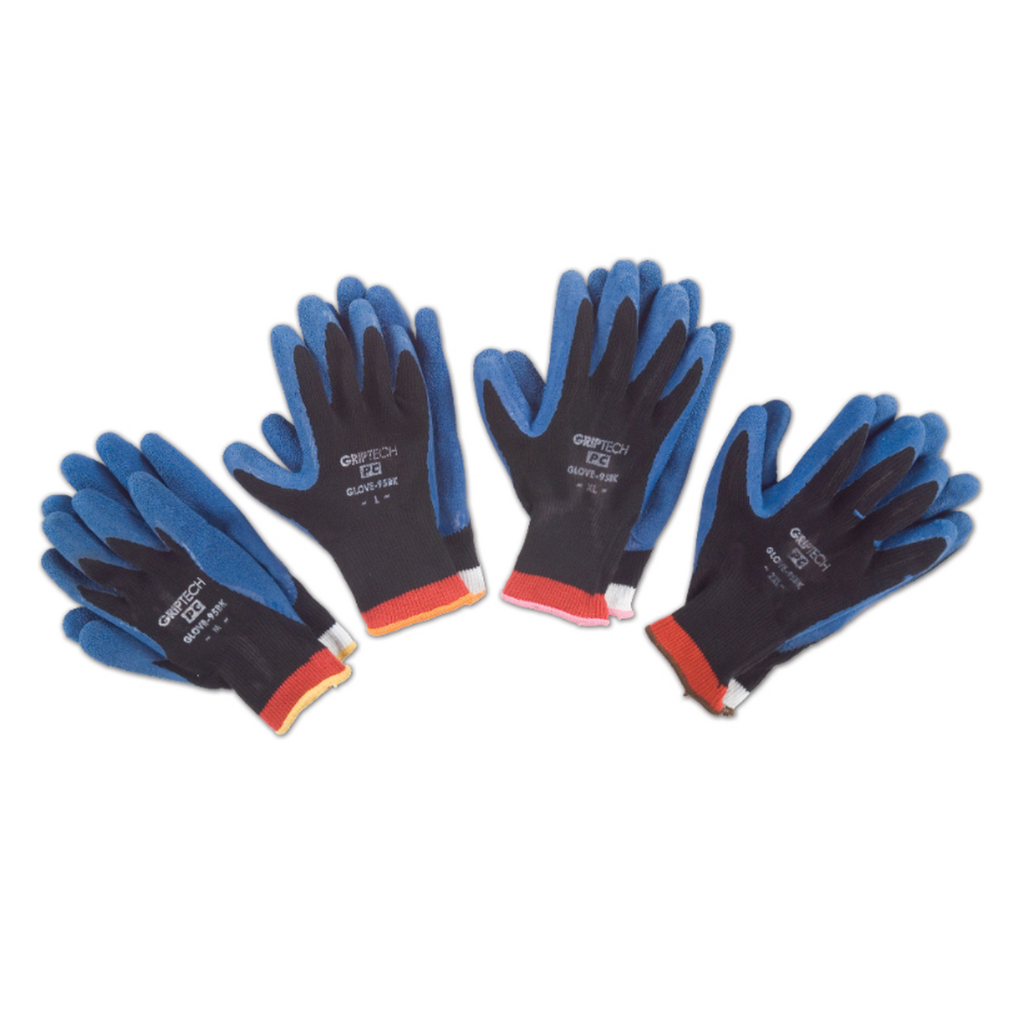 Four pairs of black and blue gloves on a white background