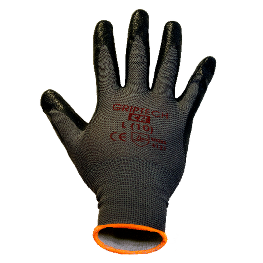 Black work glove with orange cuff on a white background