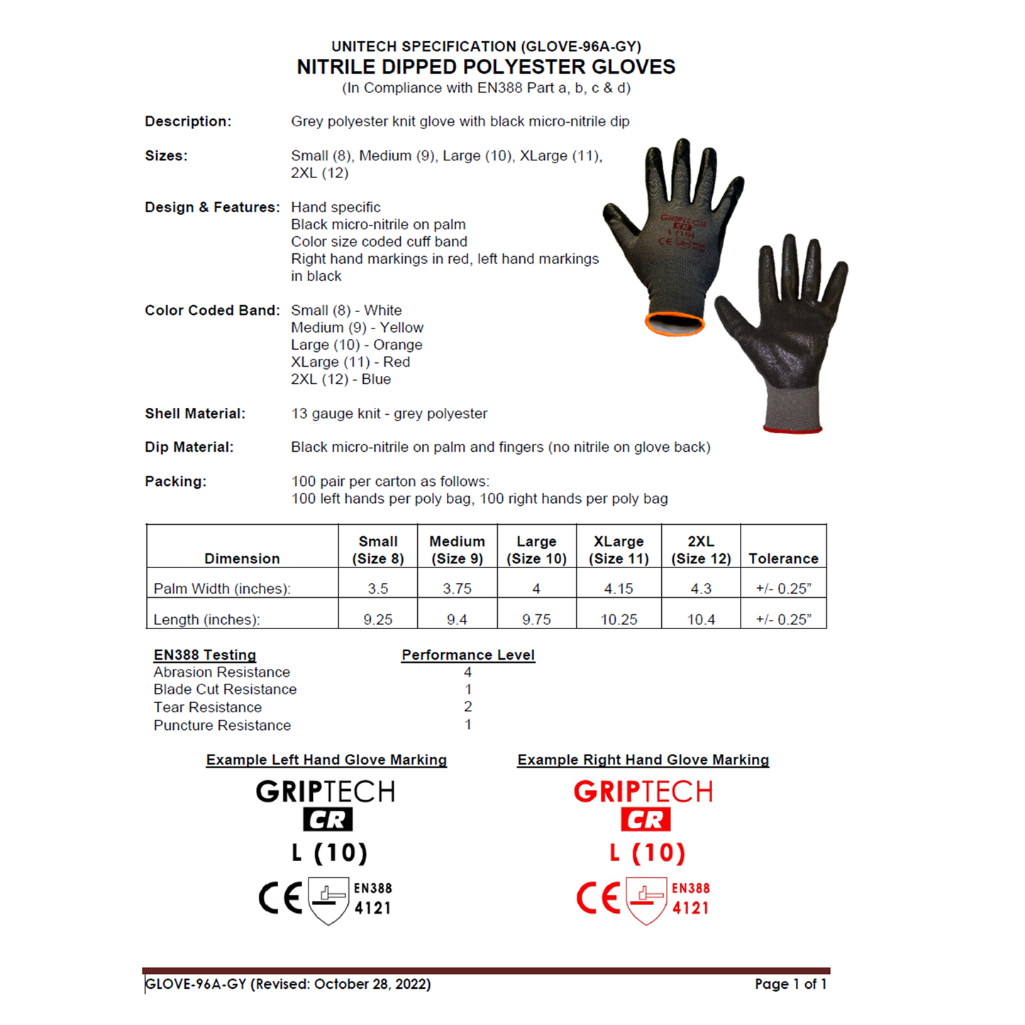 Technical specification sheet for nitrile dipped polyester gloves with glove images and details.