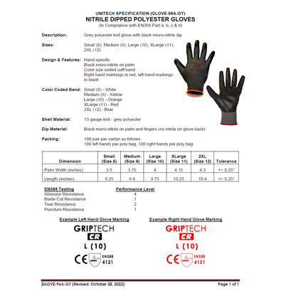 Technical specification sheet for nitrile dipped polyester gloves with glove images and details.