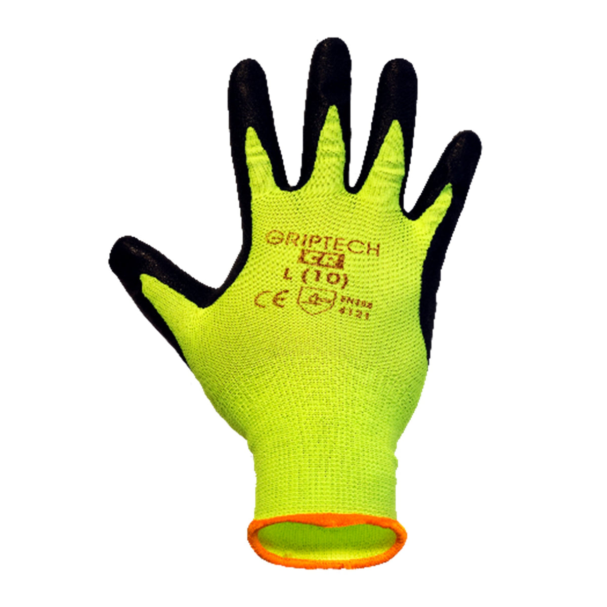 A single high-visibility neon yellow knit work glove with black grip coating on the fingers and palm, and an orange cuff accent, shown on a plain white background. The brand name GRIPTECH is printed on the back of the hand.

GLOVE-96A-YW_1