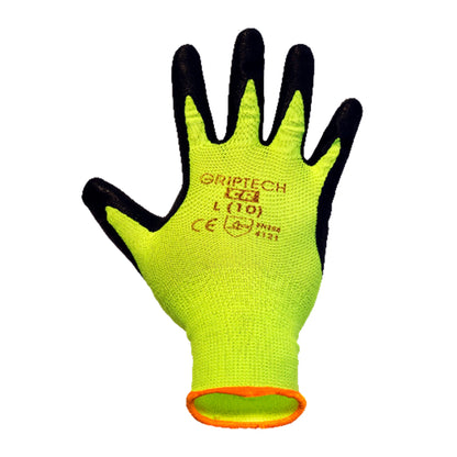 A single high-visibility neon yellow knit work glove with black grip coating on the fingers and palm, and an orange cuff accent, shown on a plain white background. The brand name GRIPTECH is printed on the back of the hand.

GLOVE-96A-YW_1