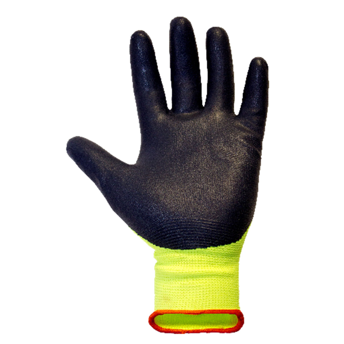 A single protective work glove shown from the back, featuring a black coated palm and fingers with a bright neon yellow-green knit cuff and a red trim detail at the wrist.

GLOVE-96A-YW_2