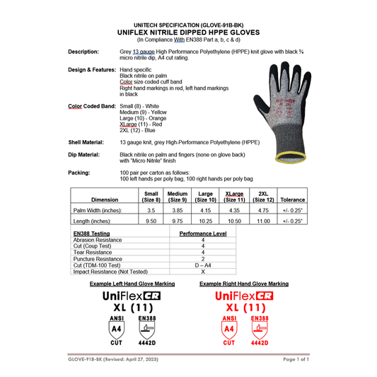 Technical specifications of Uniflex nitrile dipper gloves on a white background