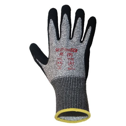 Gray work glove with black and yellow accents on a white background