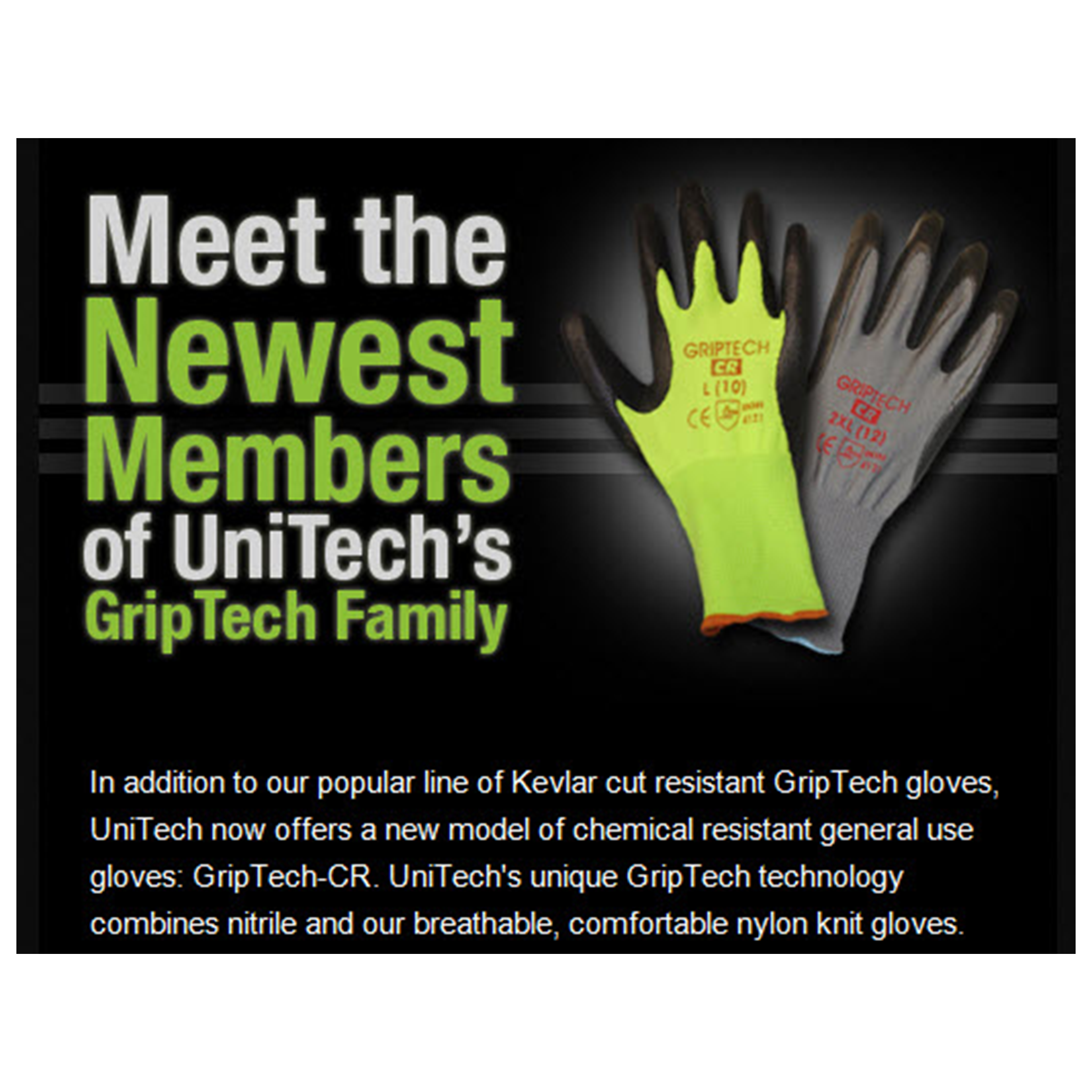 Advertisement for UniTech's GripTech family of gloves with two gloves displayed.
