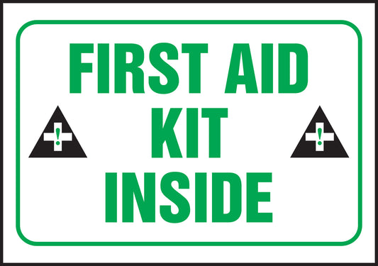 Safety Label - FIRST AID KIT INSIDE (Graphic) - 3.5" x 5" - Adhesive Dura-Poly