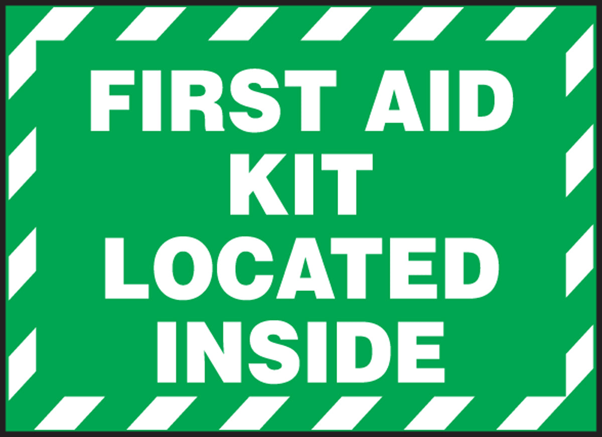 Safety Label - FIRST AID KIT LOCATED INSIDE - 3.5" x 5" - Adhesive Dura-Poly